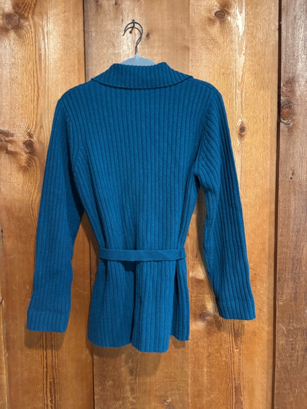 Pendleton 100% Lambswool Belted Cardigan Sweater S Teal Blue Ribbed Knit Pocket - Picture 2 of 5